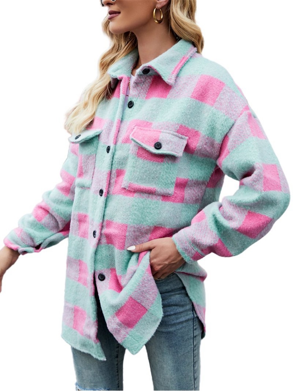 Women’s Flannel Thick Pink & Mint Plaid Shacket Jacket